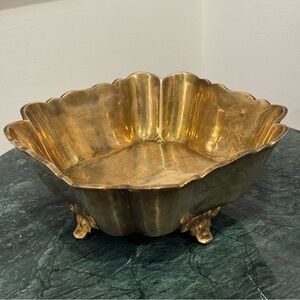 Vintage   Brass Bowl  Gold Planter Footed Dish Segmented Scalloped